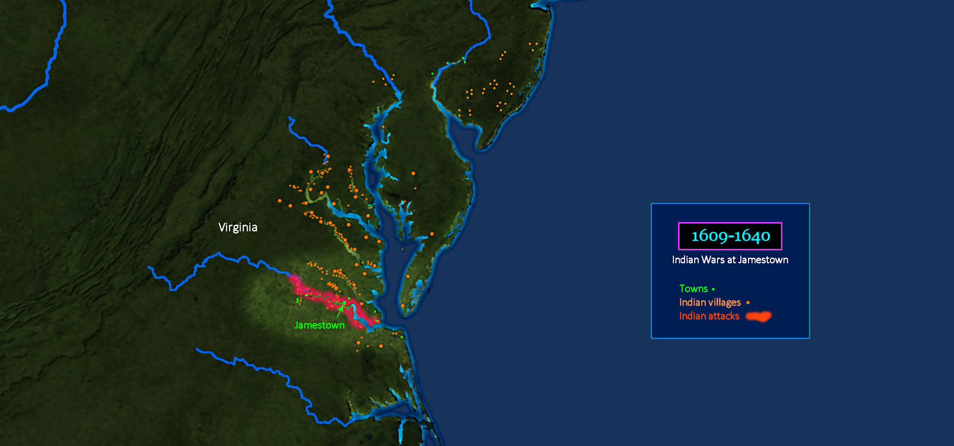 Powhatan Indian Wars, 1609-1640 map